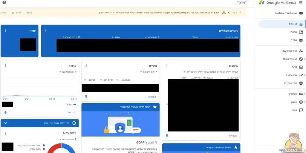 На фото: пример аккаунта AdSense в Израиле.