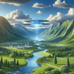 DALL·E 2023 12 13 21.26.30 Futuristic landscape symbolizing the integration of advanced AI technology with nature inspired by the concept of Google Gemini AI. Scene features a פרו גיידס