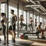 DALL·E 2023 12 28 16.49.31 A realistic scene in a gym featuring a diverse group of people of various races engaged in different workout activities. The scene includes a Hispanic פרו גיידס